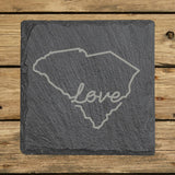 South Carolina square slate coaster engraved with a hand-drawn state outline and love in cursive