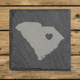 South Carolina square slate coaster engraved with the state shape and a heart