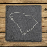 South Carolina square slate coaster engraved with the state outline and home in script with a heart