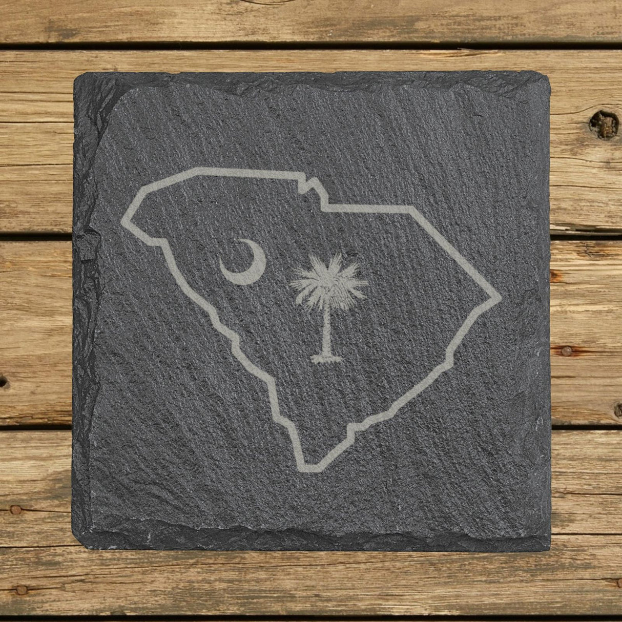 South Carolina square slate coaster engraved with the state outline, palmetto tree and crescent moon