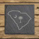 South Carolina square slate coaster engraved with the state outline, palmetto tree and crescent moon