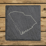 South Carolina square slate coaster engraved with the state outline and South Carolina in script lettering
