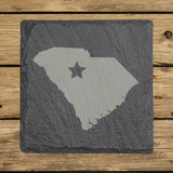 South Carolina square slate coaster engraved with the state shape and a star