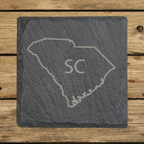 South Carolina square slate coaster engraved with the state outline and SC initials