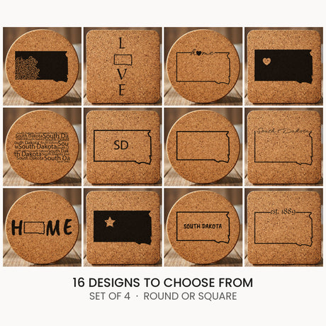 South Dakota cork coaster set, laser engraved natural cork