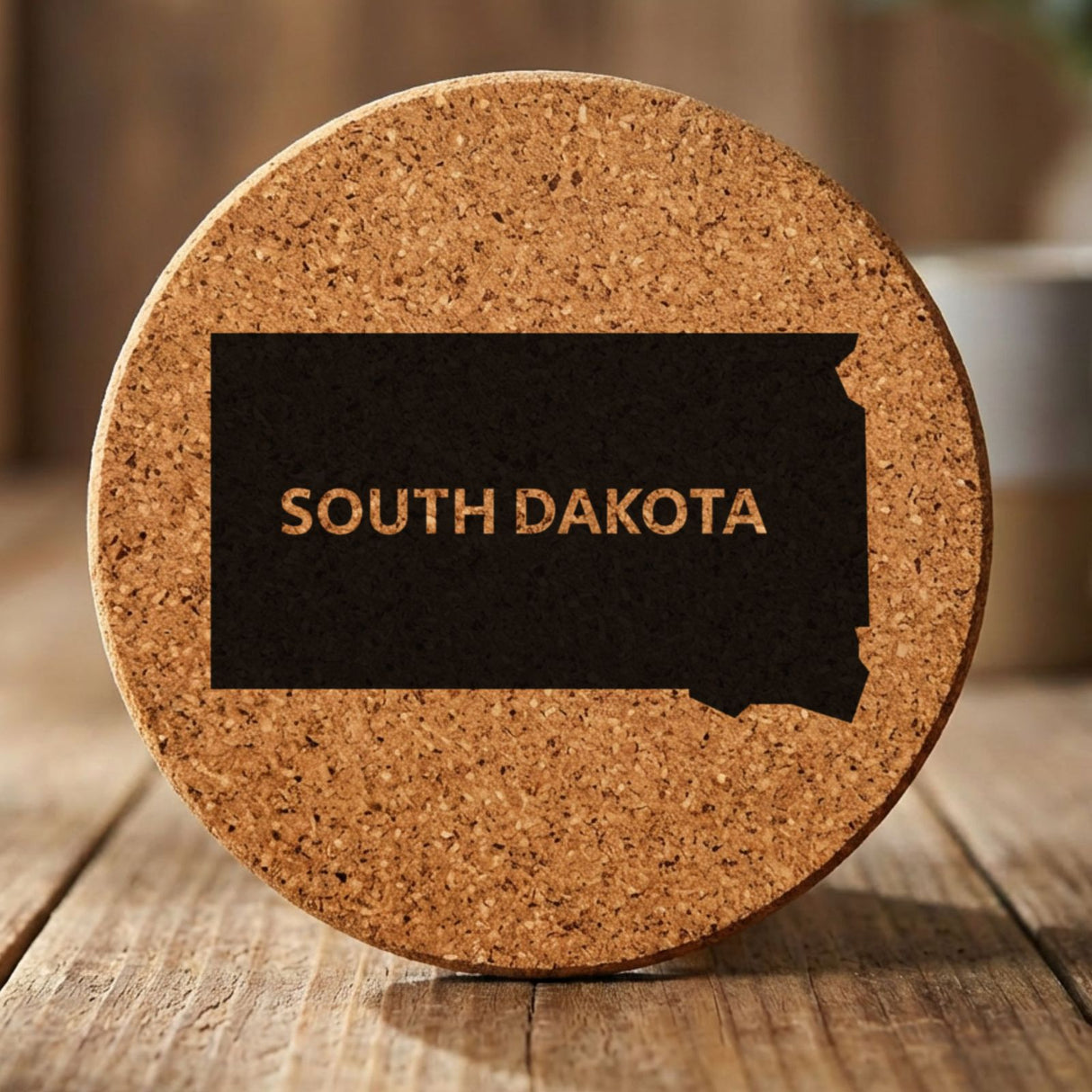 South Dakota round cork coaster engraved with the state shape and SOUTH DAKOTA in bold lettering