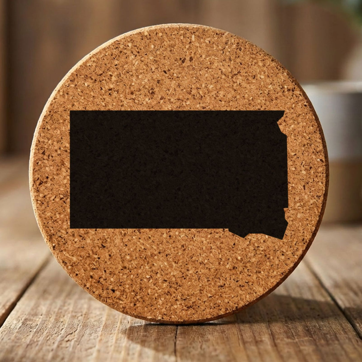 South Dakota round cork coaster with the full state shape engraved