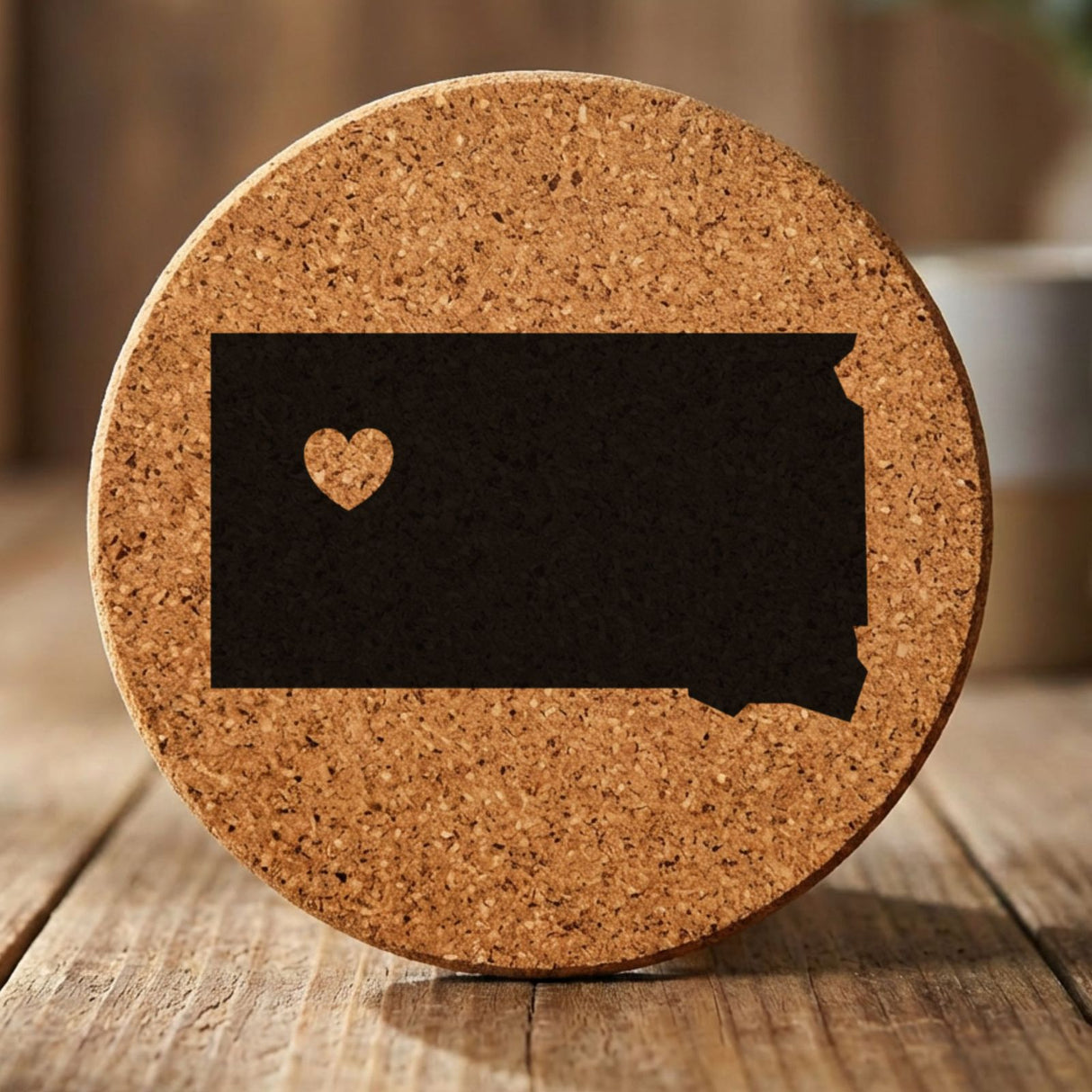 South Dakota round cork coaster engraved with the state shape and a heart