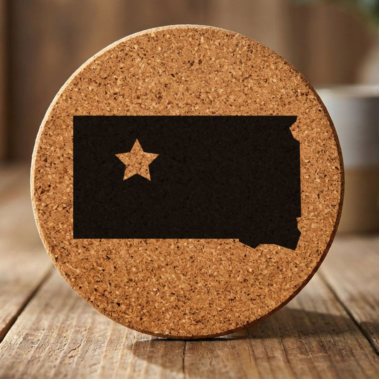 South Dakota round cork coaster engraved with the state shape and a star