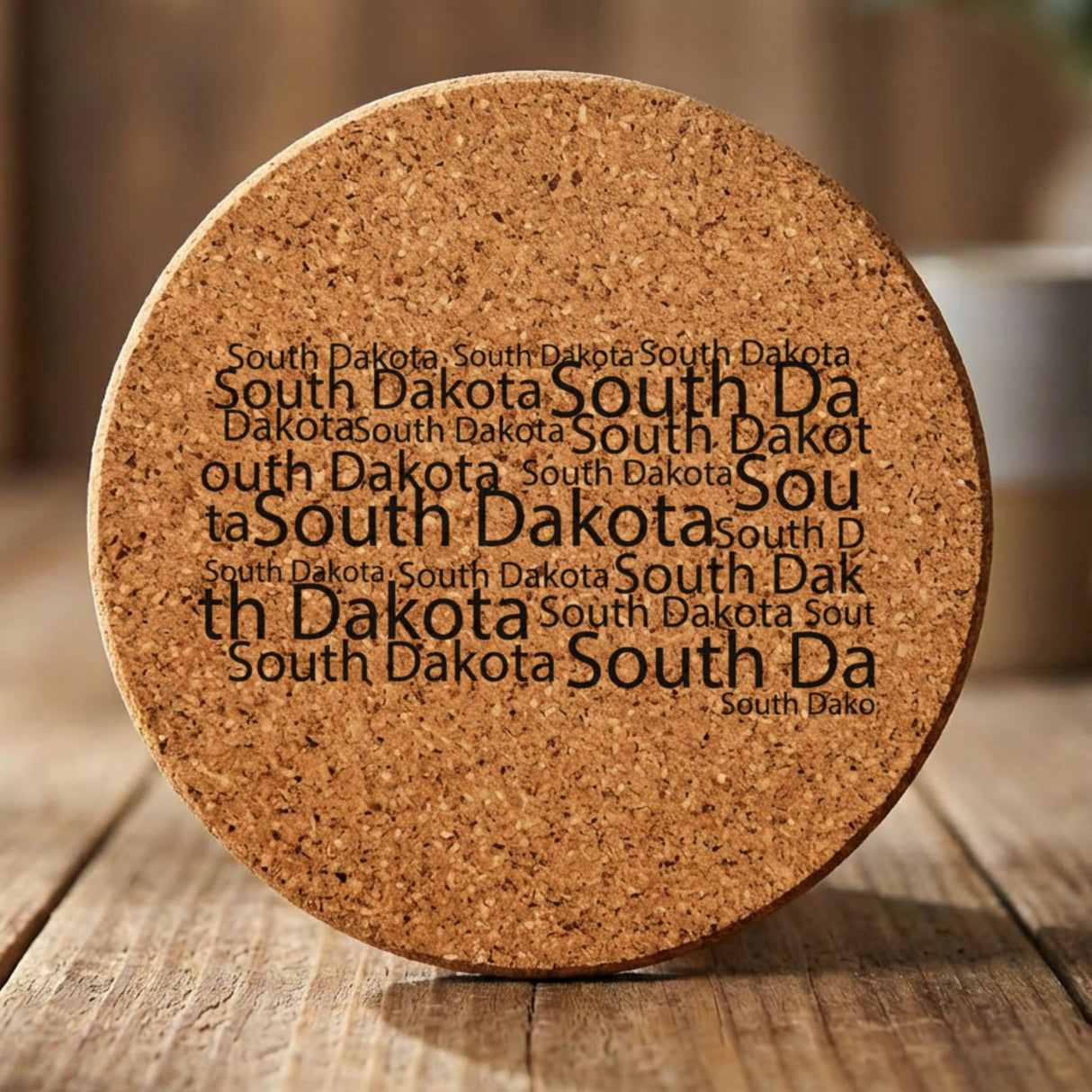 South Dakota round cork coaster engraved with a word cloud of repeating South Dakota text