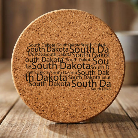 South Dakota round cork coaster engraved with a word cloud of repeating South Dakota text