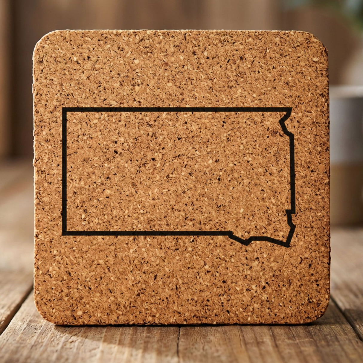 South Dakota square cork coaster engraved with a clean state outline