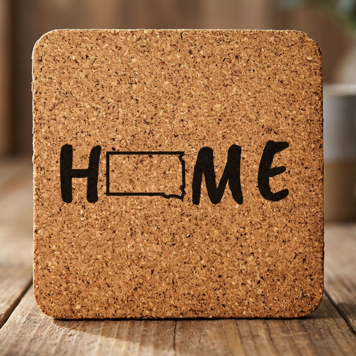 South Dakota square cork coaster engraved with HOME using the state outline as the letter O