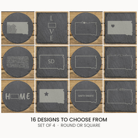 South Dakota slate coaster set, laser engraved natural stone