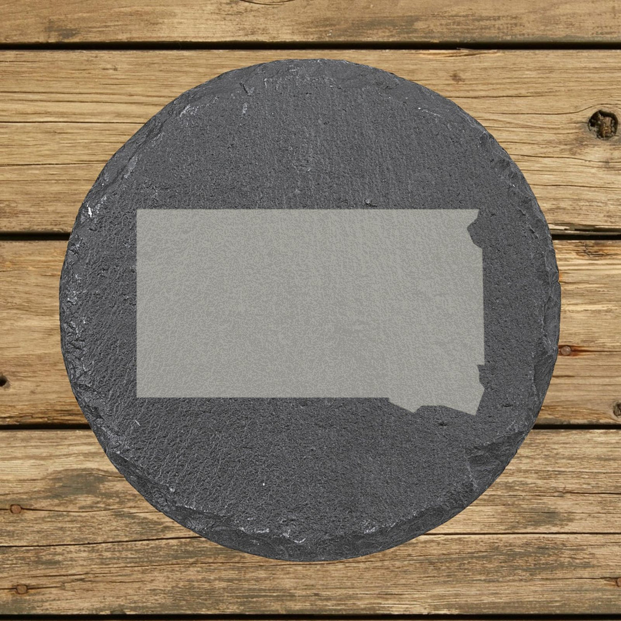 South Dakota round slate coaster with the full state shape engraved