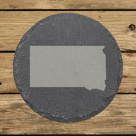 South Dakota round slate coaster with the full state shape engraved
