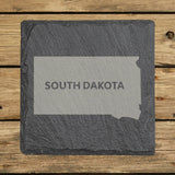South Dakota square slate coaster engraved with the state shape and SOUTH DAKOTA in bold lettering