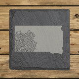 South Dakota square slate coaster engraved with the state shape in ornate floral scrollwork