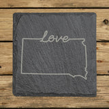 South Dakota square slate coaster engraved with a hand-drawn state outline and love in cursive