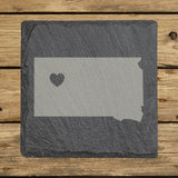 South Dakota square slate coaster engraved with the state shape and a heart