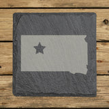 South Dakota square slate coaster engraved with the state shape and a star