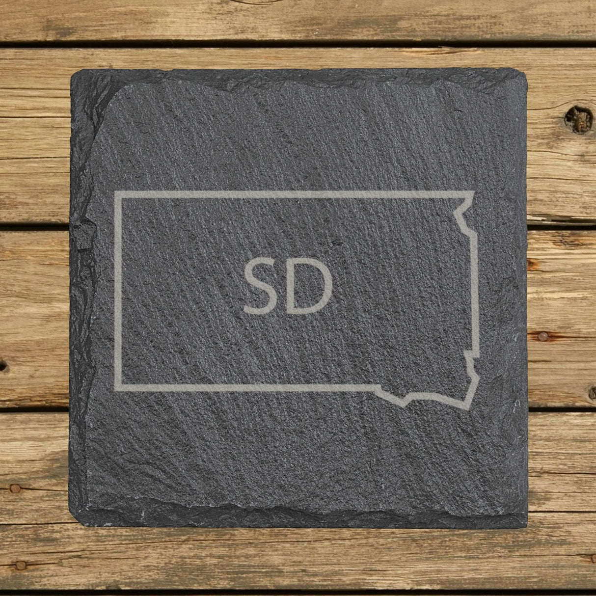South Dakota square slate coaster engraved with the state outline and SD initials