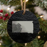 South Dakota round slate Christmas ornament engraved with the state shape in ornate floral scrollwork
