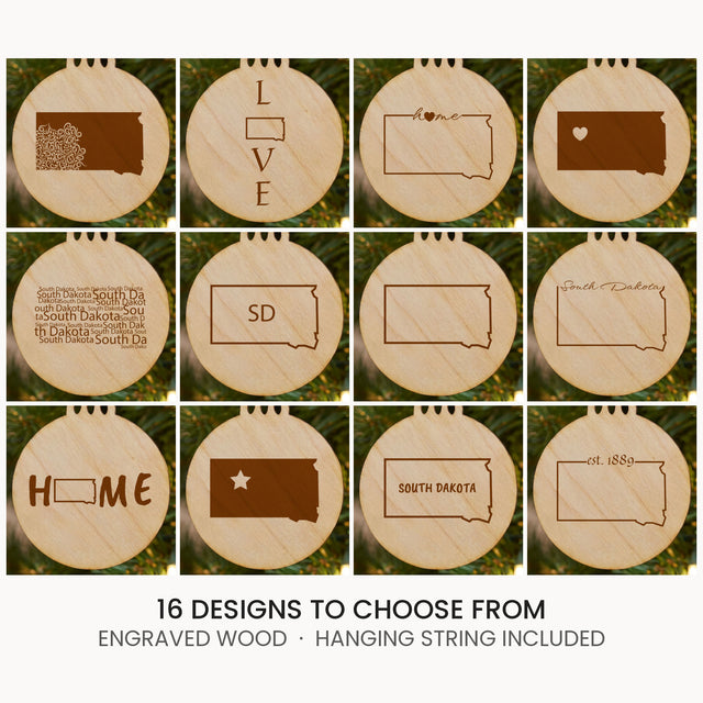 South Dakota wood Christmas ornament, laser engraved natural wood