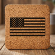 Square cork coaster laser engraved with an American flag, classic design