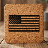Square cork coaster laser engraved with an American flag, classic design