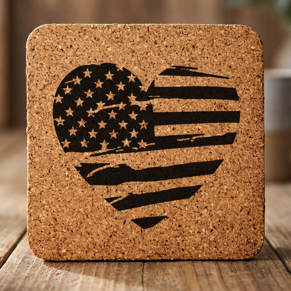Square cork coaster laser engraved with an American flag, heart design