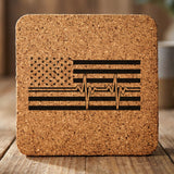 Square cork coaster laser engraved with an American flag, heartbeat design