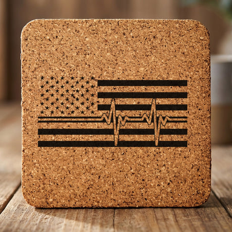 Square cork coaster laser engraved with an American flag, heartbeat design