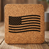 Square cork coaster laser engraved with an American flag, waving design