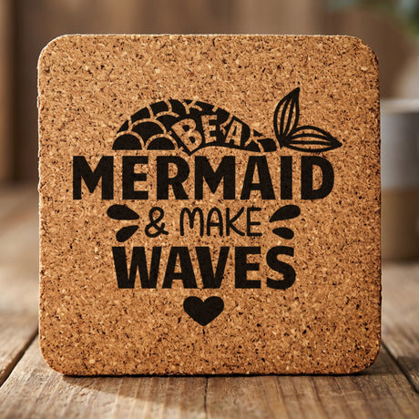 Square cork coaster laser engraved with "Be a Mermaid and Make Waves", scales design