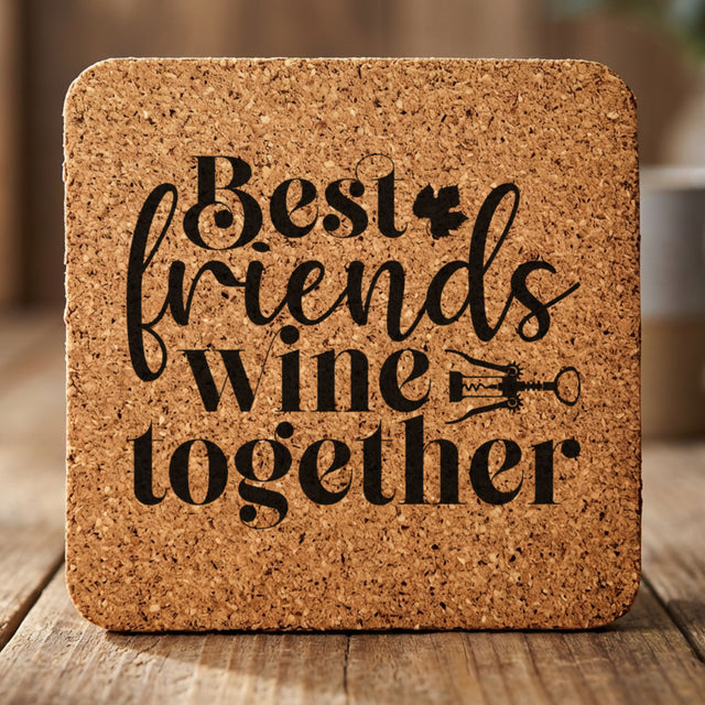 Square cork coaster laser engraved with "Best Friends Wine Together"