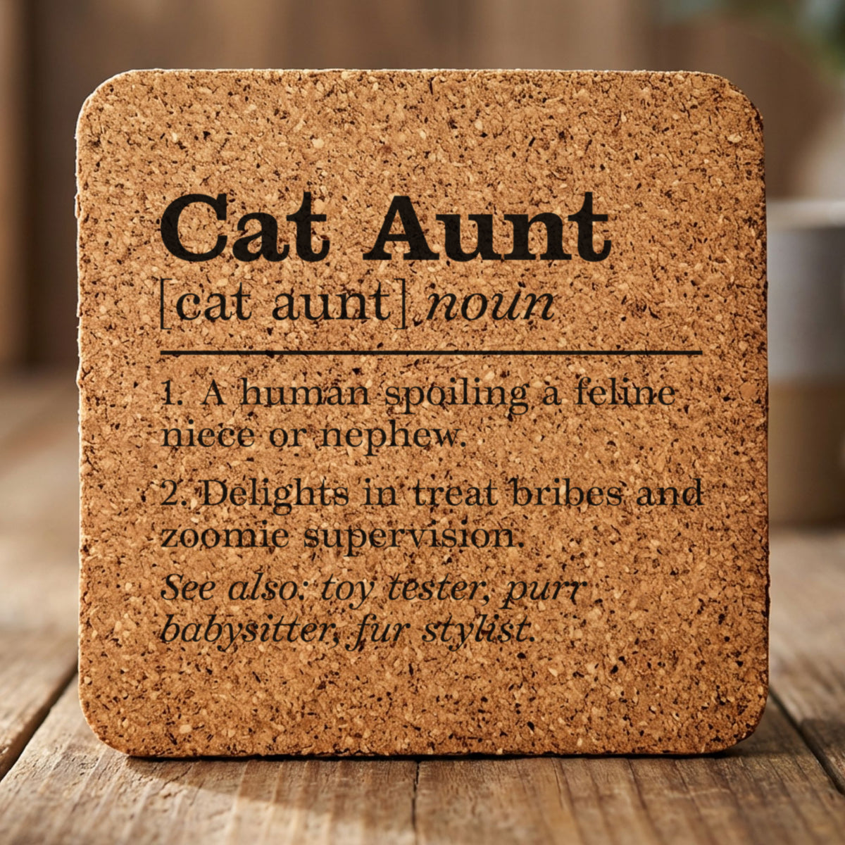 Square cork coaster laser engraved with the Cat Aunt definition