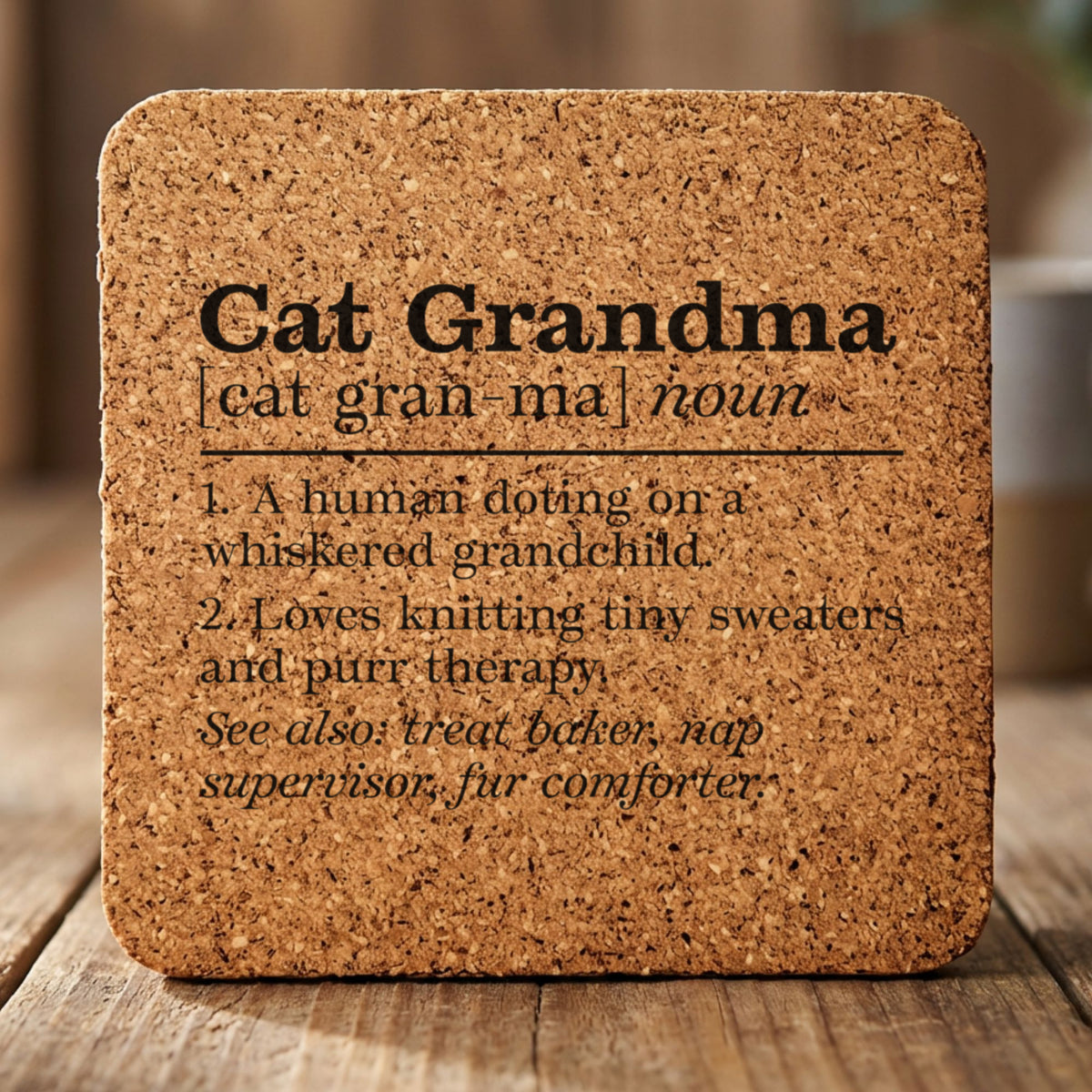 Square cork coaster laser engraved with the Cat Grandma definition