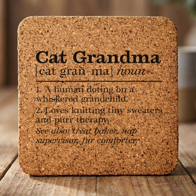 Square cork coaster laser engraved with the Cat Grandma definition