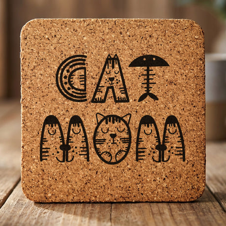 Square cork coaster laser engraved with "Cat Mom", illustrated design