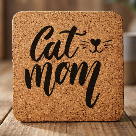 Square cork coaster laser engraved with "Cat Mom", whiskers design