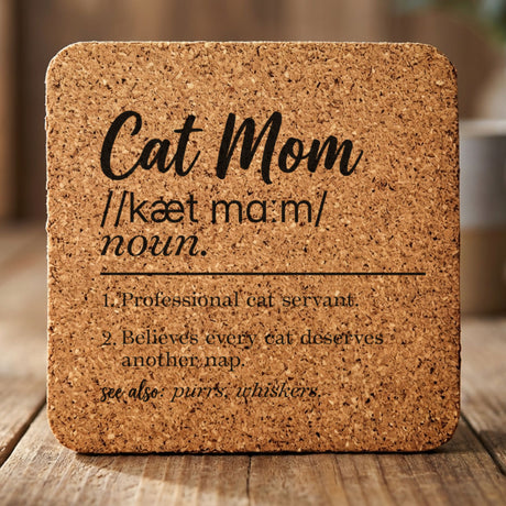 Square cork coaster laser engraved with the Cat Mom definition