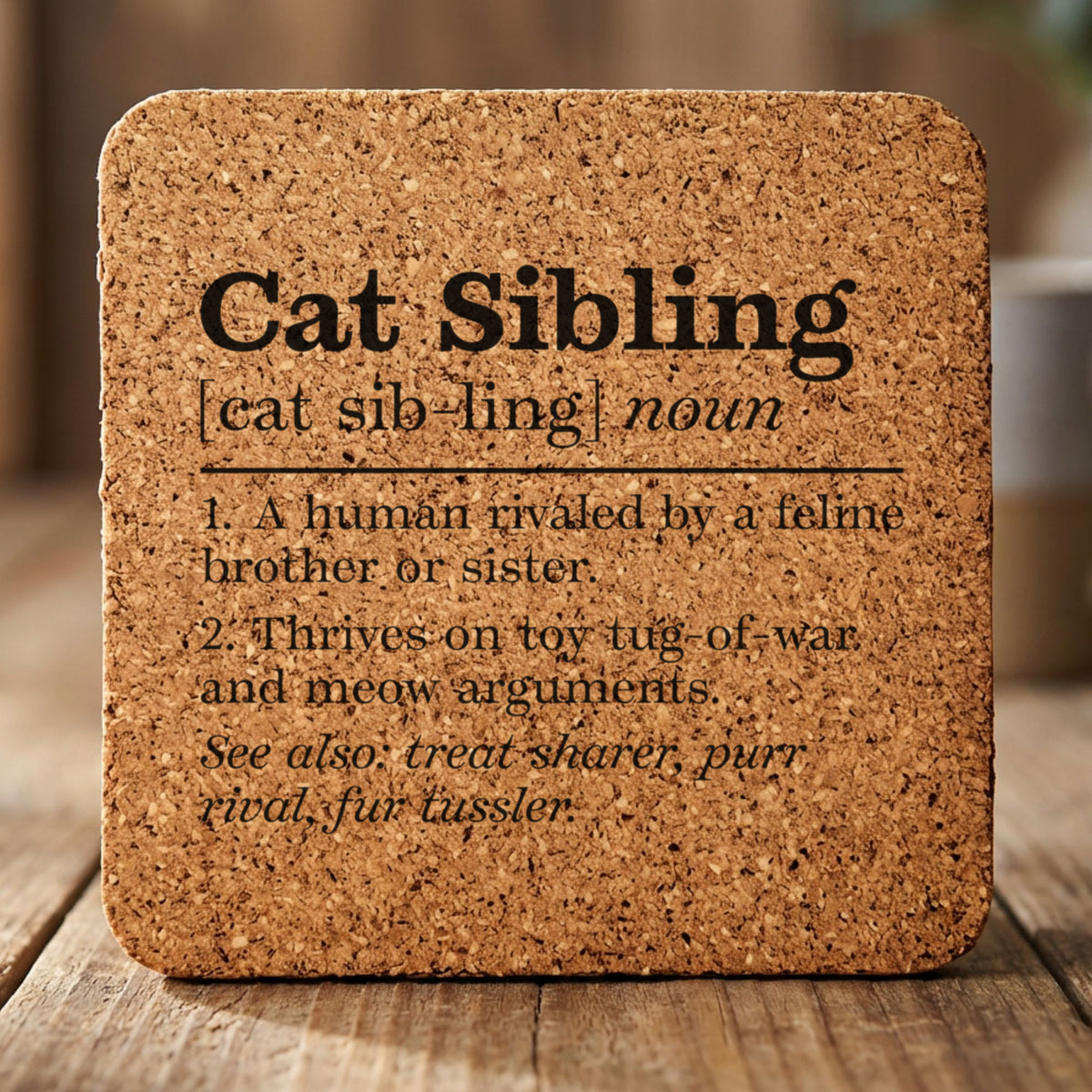 Square cork coaster laser engraved with the Cat Sibling definition