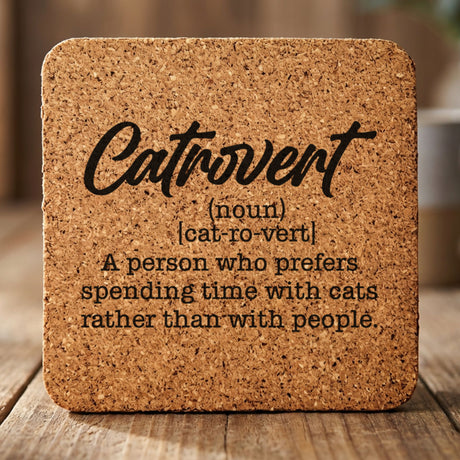 Square cork coaster laser engraved with the Catrovert definition