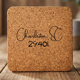 Square cork coaster laser engraved with a custom zip code design