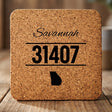 Square cork coaster laser engraved with a custom zip code design