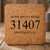 Square cork coaster laser engraved with a custom zip code design