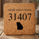 Square cork coaster laser engraved with a custom zip code design