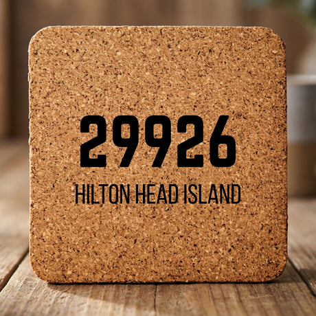 Square cork coaster laser engraved with a custom zip code design