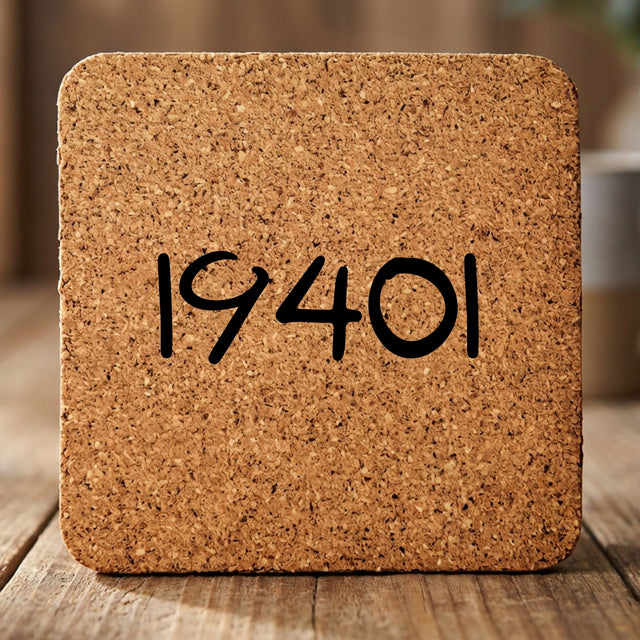 Square cork coaster laser engraved with a custom zip code design